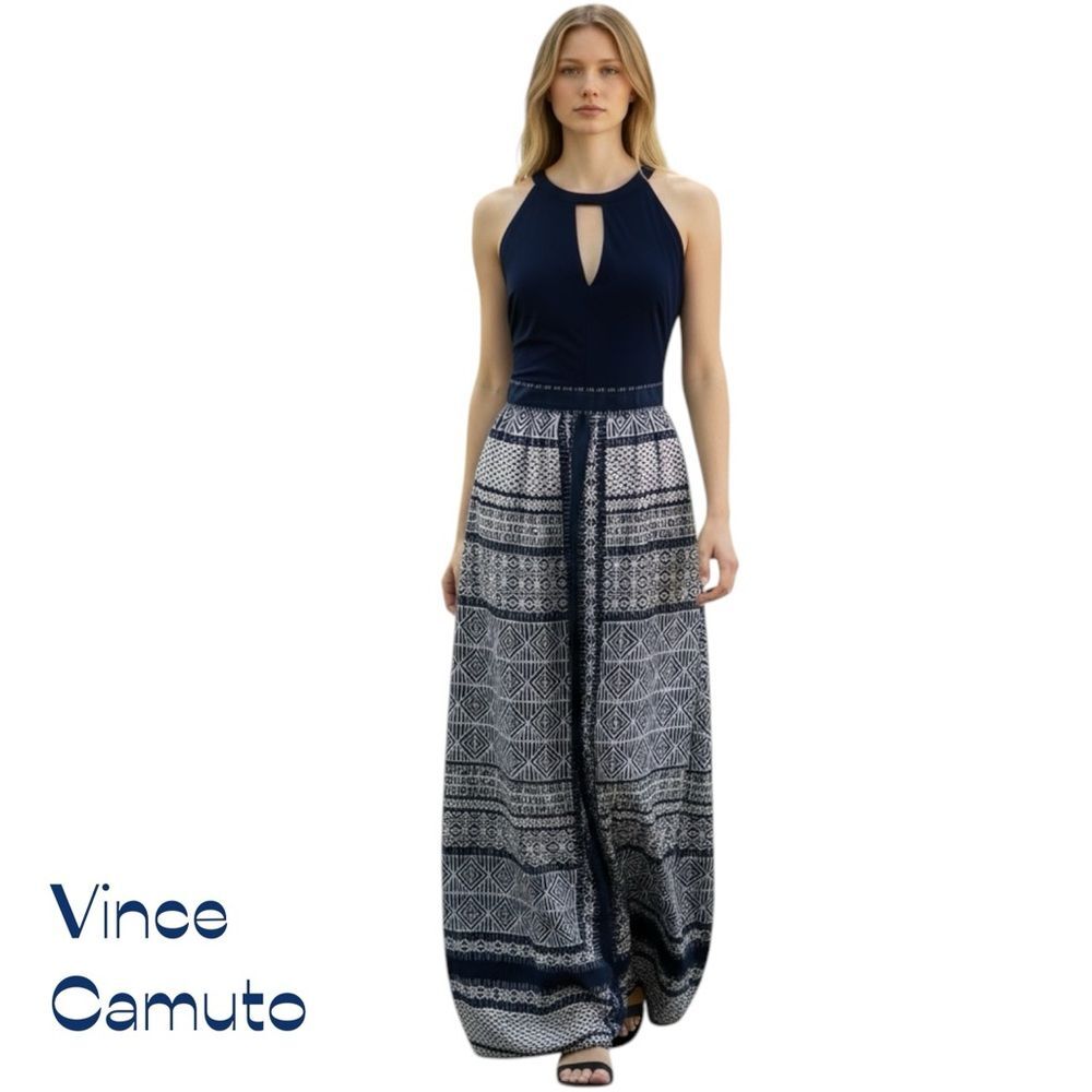 Vince Camuto Navy White Sleeveless Maxi Dress NWOT Size 8